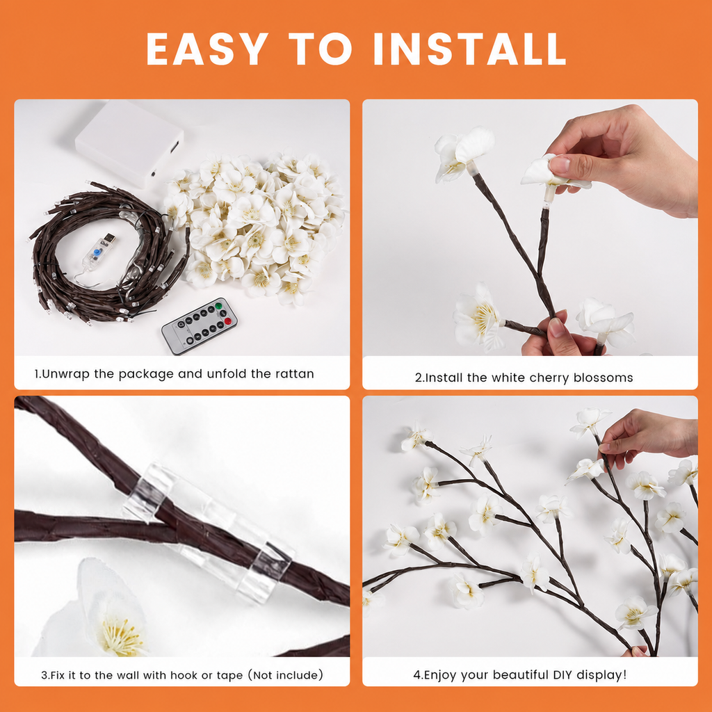 Remot-control japanese white cherry blossom branch light