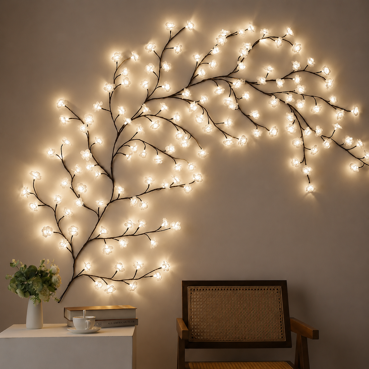 Remot-control japanese white cherry blossom branch light