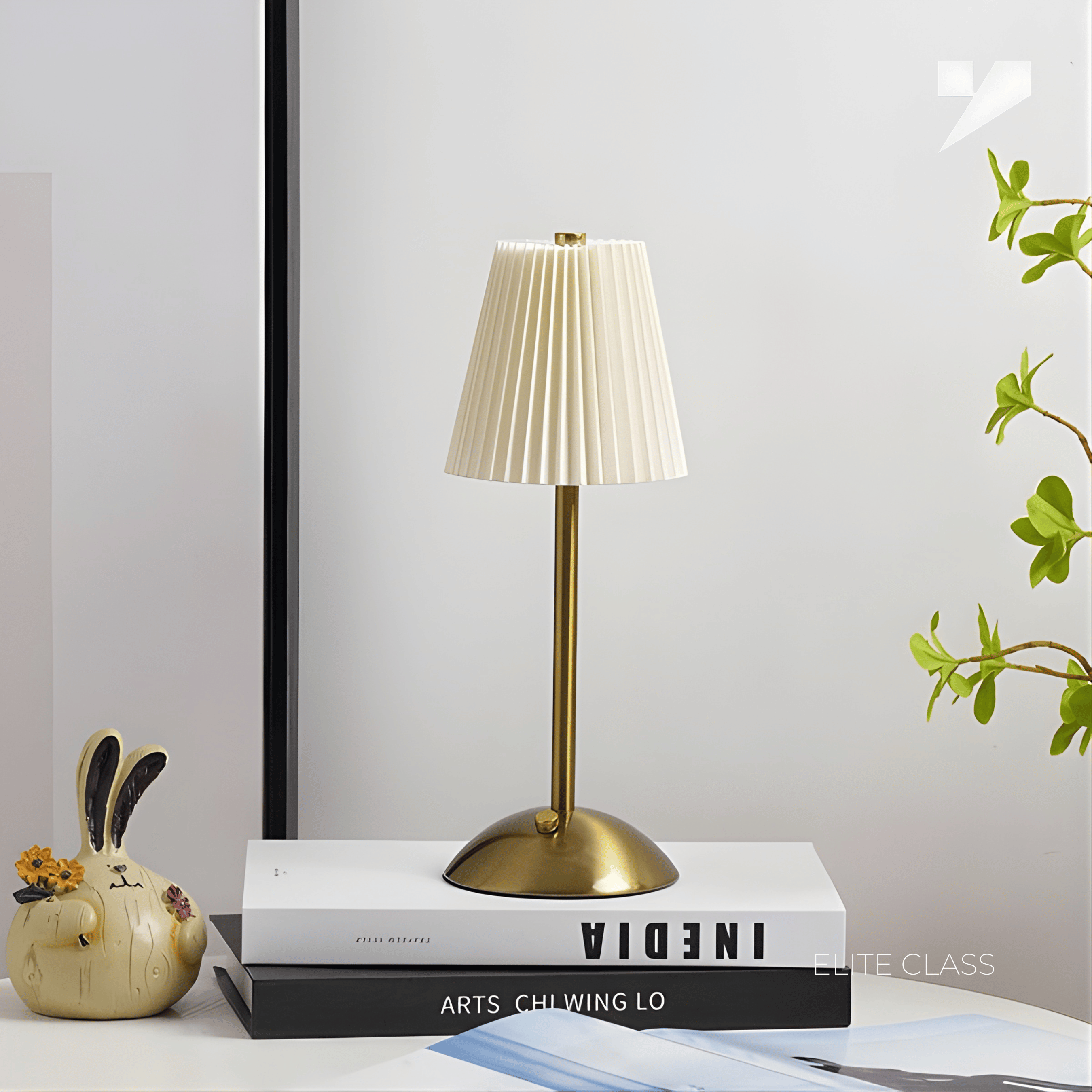 Rechargeable Nordic Pleated Luxury Table Lamp with Elegant Golden Brass Stand