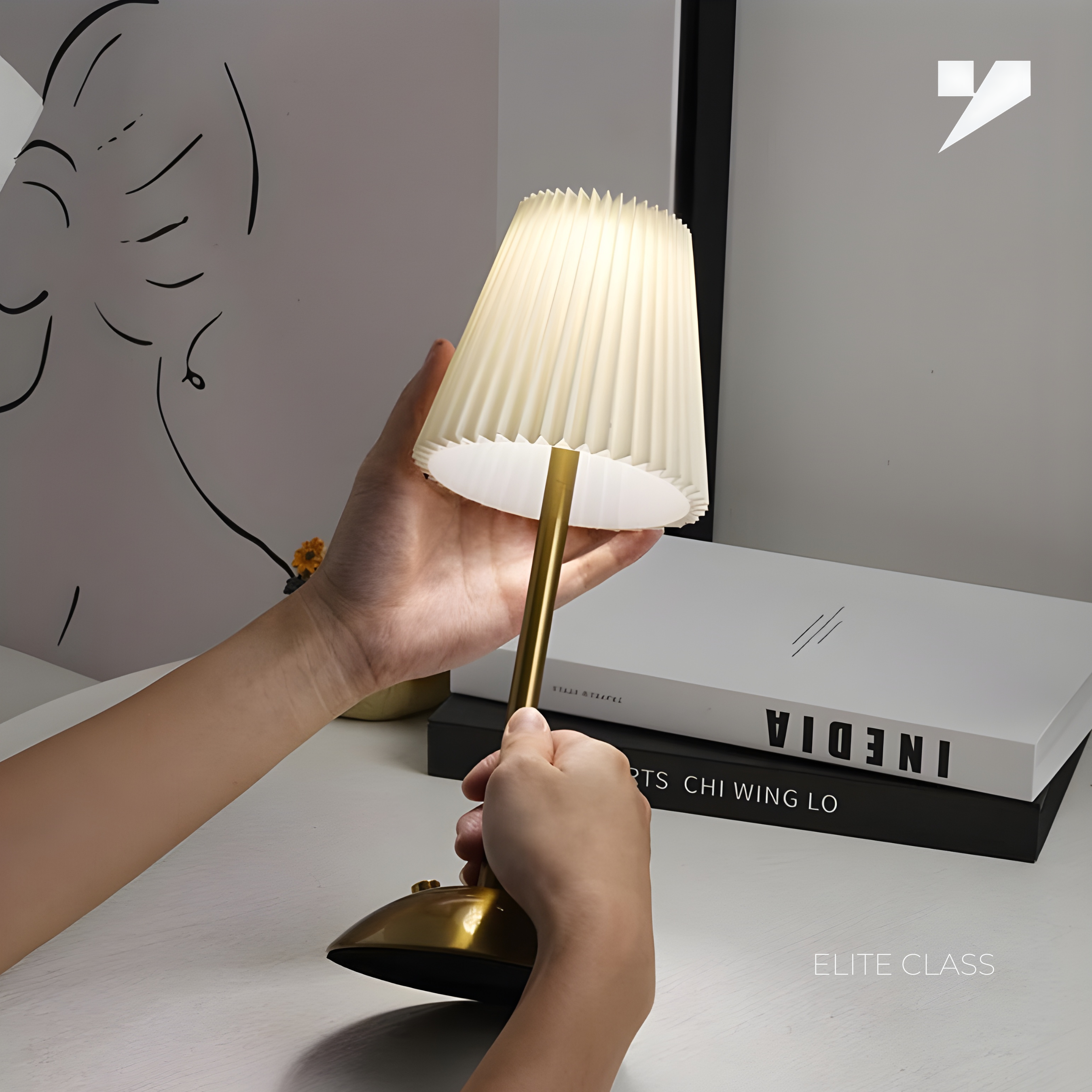 Rechargeable Nordic Pleated Luxury Table Lamp with Elegant Golden Brass Stand