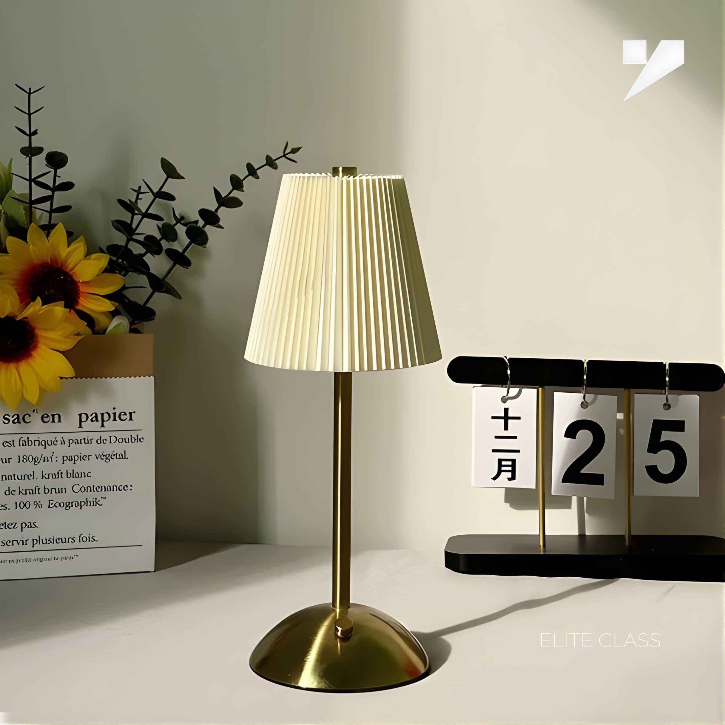 Rechargeable Nordic Pleated Luxury Table Lamp with Elegant Golden Brass Stand