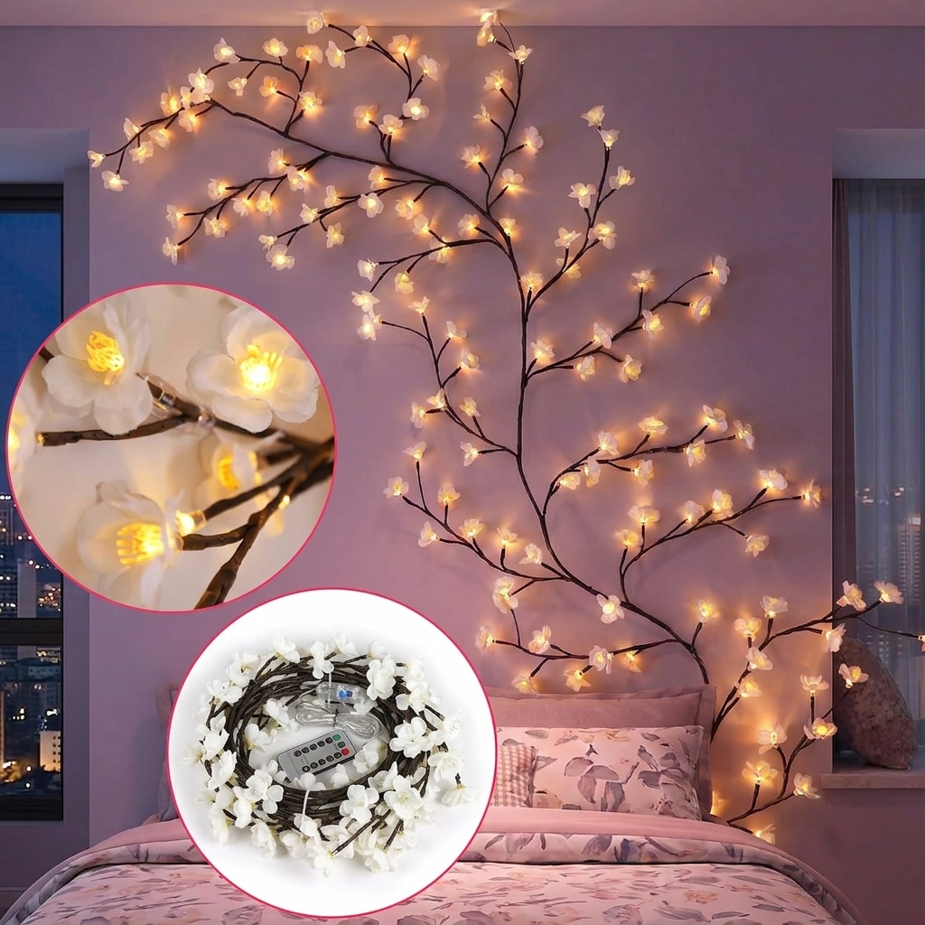 Remot-control japanese white cherry blossom branch light