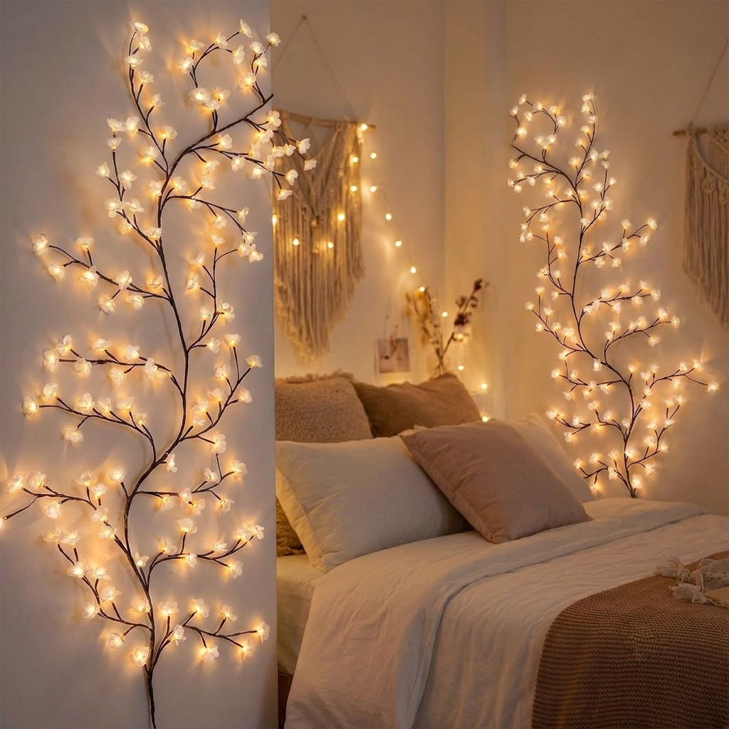 Remot-control japanese white cherry blossom branch light