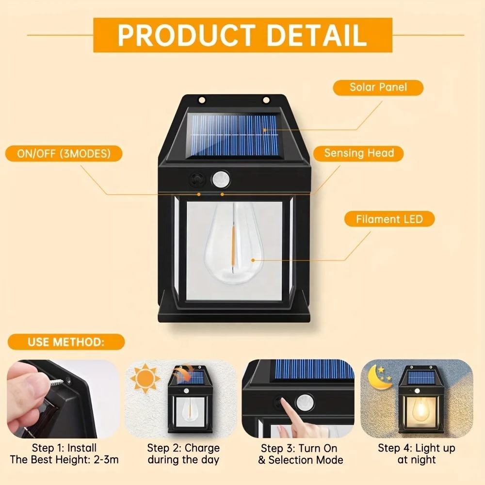 Solar charging vintage wall lamp with human body induction – IP65 waterproof security light