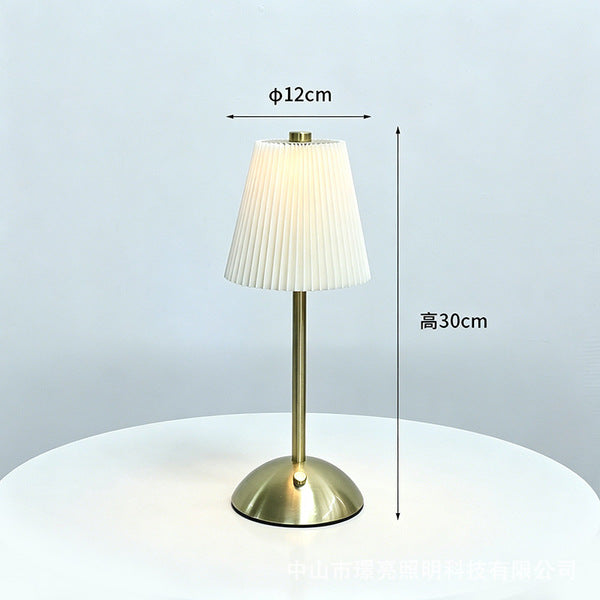 Rechargeable Nordic Pleated Luxury Table Lamp with Elegant Golden Brass Stand