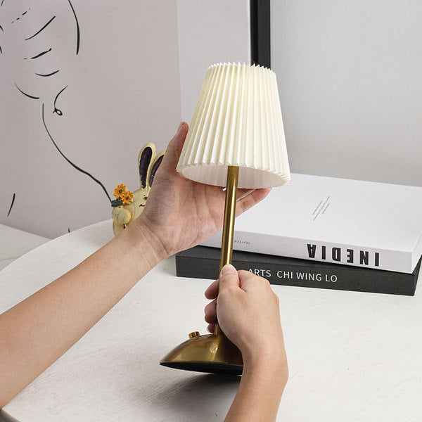 Rechargeable Nordic Pleated Luxury Table Lamp with Elegant Golden Brass Stand